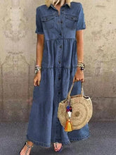Women's Denim Shirt Dress Maxi long Dress Dark Blue Light Blue Short Sleeve Solid Color Pocket Button Spring Summer Shirt Collar Hot Casual Vintage  S M L XL XXL 3XL / Loose